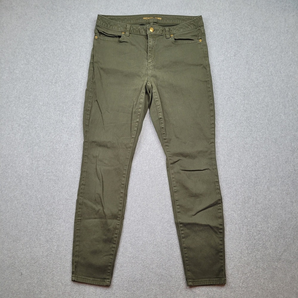 Michael Kors Izzy Skinny Pants Womens Size 10 Green Olive Stretch Gold Jeans